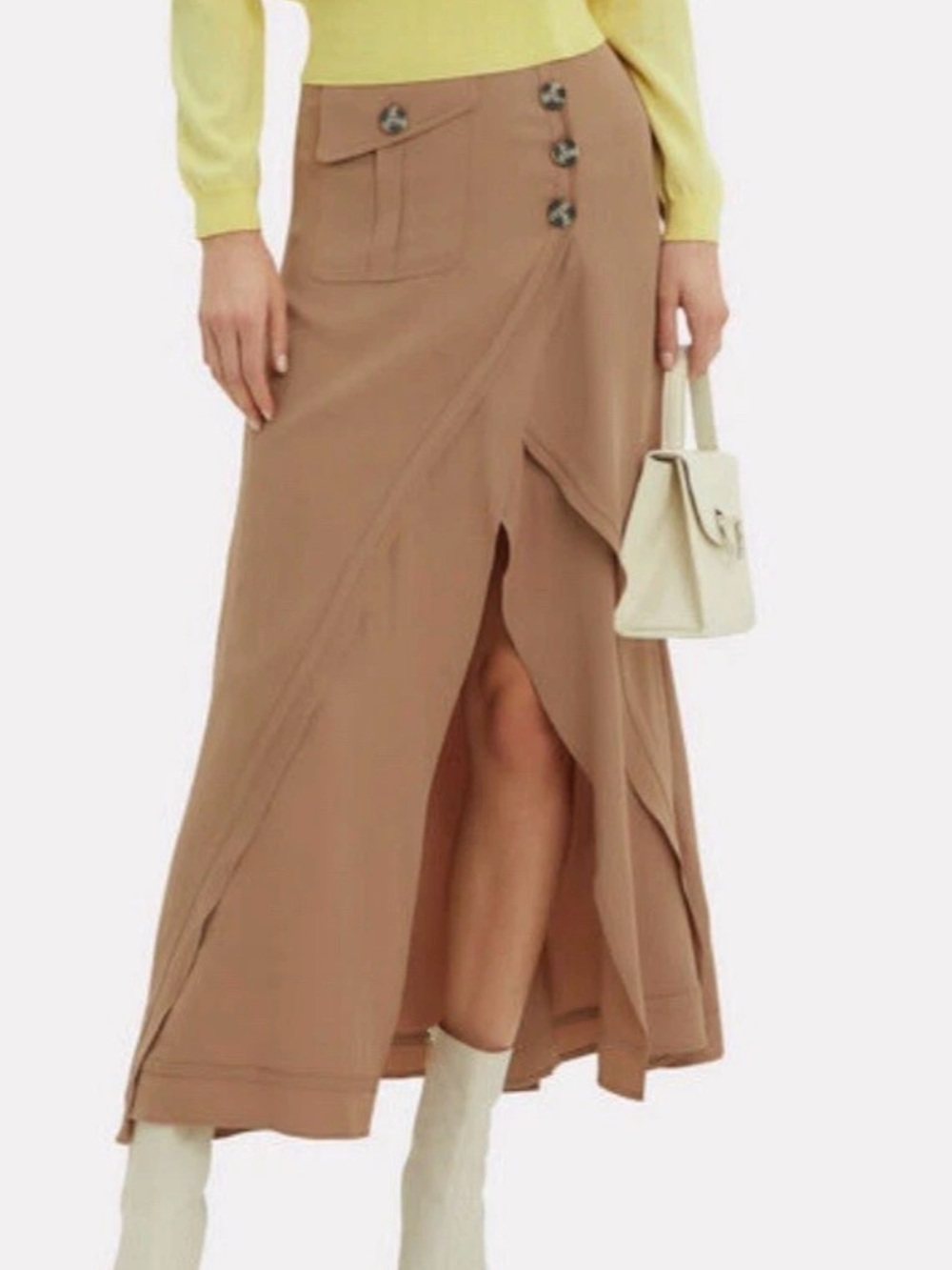 Self Portrait Size US 0 Camel Tan Midi Flowy Skirt Button Accent Wrap Style Chic